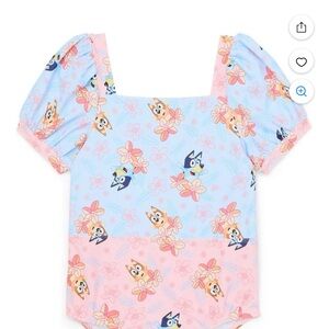 Kids Floral Puff-Sleeve One-Piece Swimsuit in Pink & Light Blue